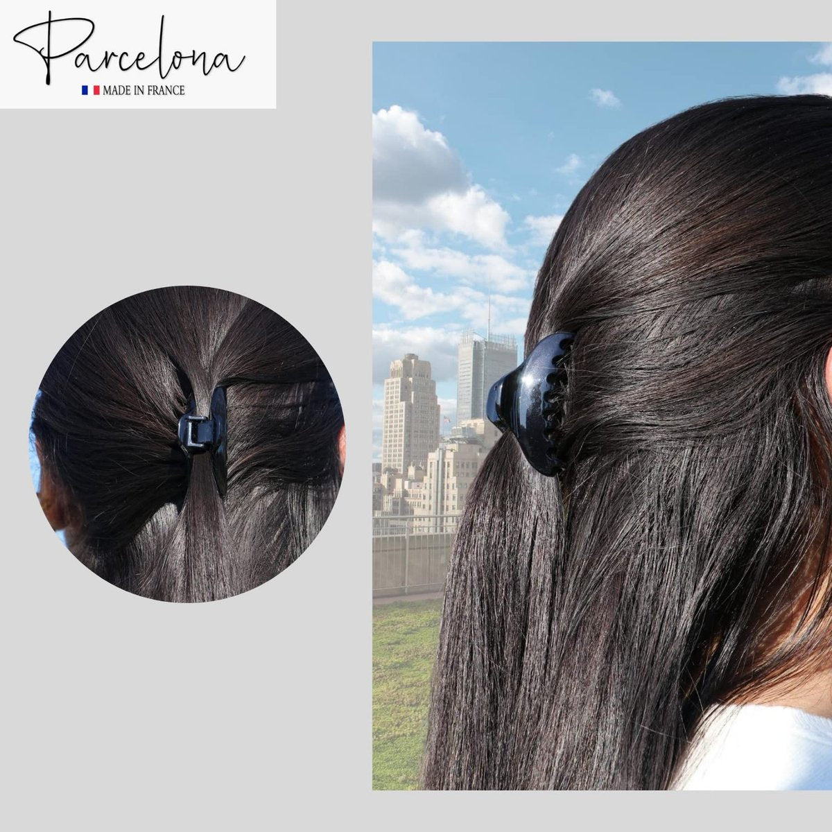 Parcelona French Skinny Boss Small 2 1/4" Black & Shell Celluloid Acetate Hair Claw Clips – Set of 2 for Fine Hair, Made in France - görsel 3