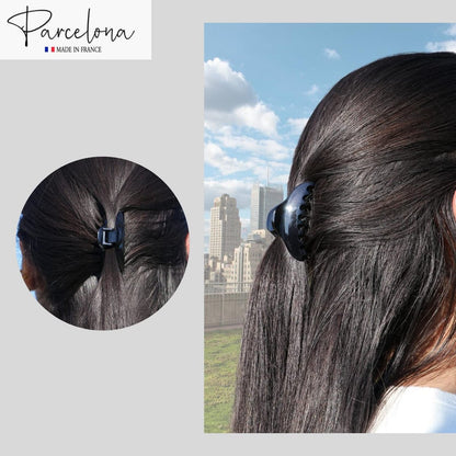 Parcelona French Skinny Boss Small 2 1/4" Black & Shell Celluloid Acetate Hair Claw Clips – Set of 2 for Fine Hair, Made in France