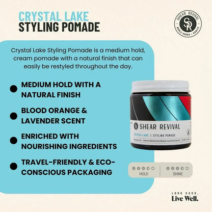 Shear Revival Crystal Lake Styling Cream Pomade - Medium Hold, Natural Finish, 99% Natural Ingredients, Blood Orange & Lavender, 3.4 oz Avelisse