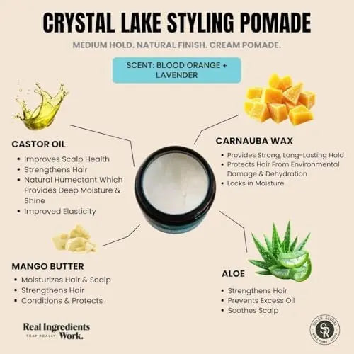 Shear Revival Crystal Lake Styling Cream Pomade - Medium Hold, Natural Finish, 99% Natural Ingredients, Blood Orange & Lavender, 3.4 oz Avelisse