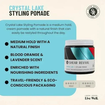 Shear Revival Crystal Lake Styling Cream Pomade - Medium Hold, Natural Finish, 99% Natural Ingredients, Blood Orange & Lavender, 3.4 oz Avelisse