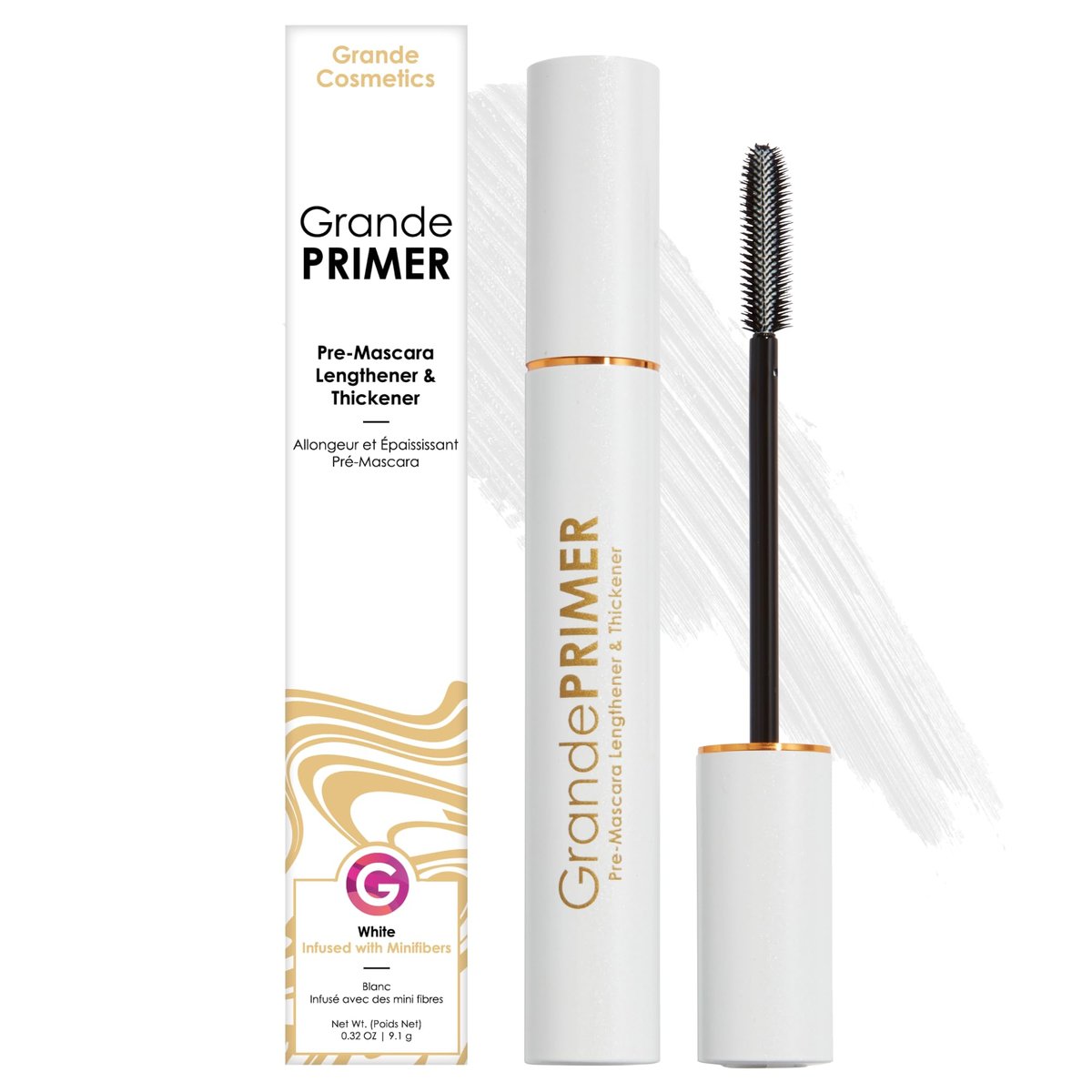 Grande Cosmetics GrandePRIMER Pre-Mascara Lengthener & Thickener with Peptides - Smudge-Proof, Water-Resistant & Contact Lens Safe - for Longer & Thicker Looking Lashes (0.32 oz) Avelisse