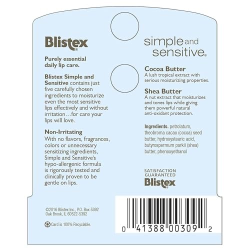 Blistex Simple and Sensitive Lip Moisturizer – Hypo-Allergenic, Cocoa & Shea Butter, No Flavor or Fragrance (Pack of 12) Avelisse