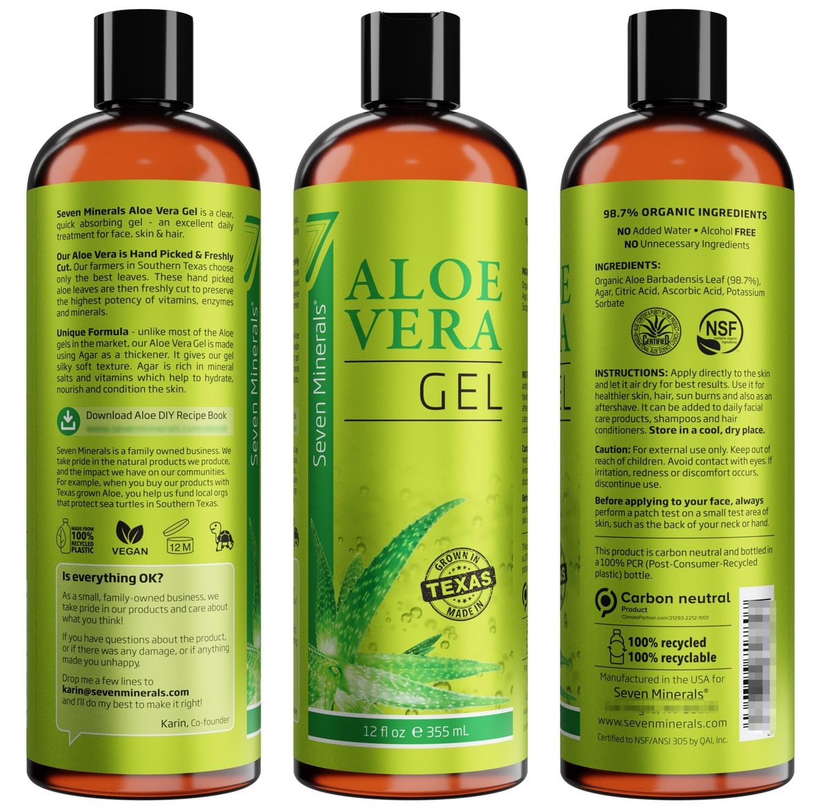 Seven Minerals Organic Aloe Vera Gel - 100% Pure, Texas Grown, Unscented - 12 oz - görsel 11