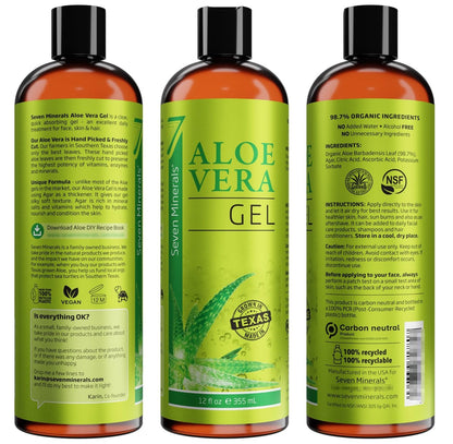 Seven Minerals Organic Aloe Vera Gel - 100% Pure, Texas Grown, Unscented - 12 oz