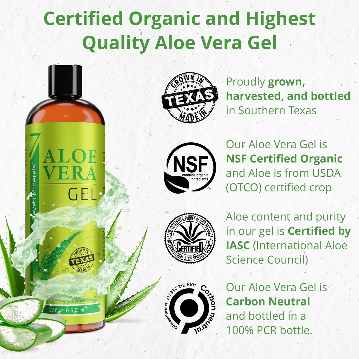 Seven Minerals Organic Aloe Vera Gel - 100% Pure, Texas Grown, Unscented - 12 oz - görsel 3
