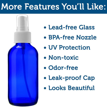 Sally's Organics Empty Blue Glass Small Portable Atomizer Spritzer, 2 Pack (4 oz) - Refillable Travel Spray Bottles