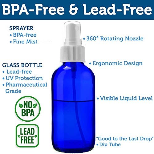Sally's Organics Empty Blue Glass Small Portable Atomizer Spritzer, 2 Pack (4 oz) - Refillable Travel Spray Bottles - görsel 6