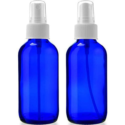 Sally's Organics Empty Blue Glass Small Portable Atomizer Spritzer, 2 Pack (4 oz) - Refillable Travel Spray Bottles