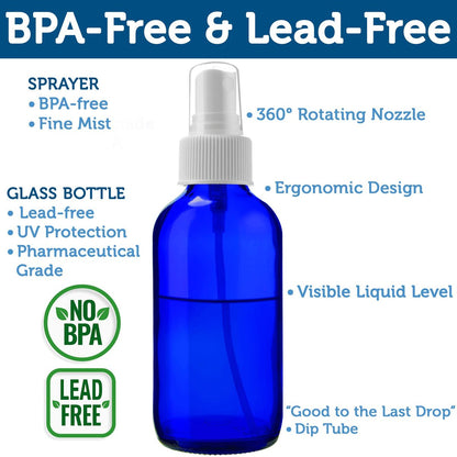 Sally's Organics Empty Blue Glass Small Portable Atomizer Spritzer, 2 Pack (4 oz) - Refillable Travel Spray Bottles
