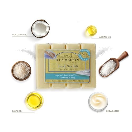 A LA MAISON Fresh Sea Salt Soap 4-Pack, 14 Ounce Total | Natural Exfoliating Soap Bars Avelisse