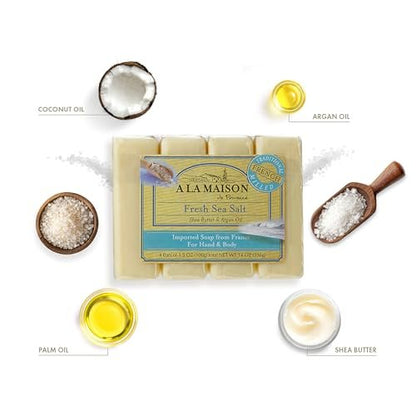 A LA MAISON Fresh Sea Salt Soap 4-Pack, 14 Ounce Total | Natural Exfoliating Soap Bars Avelisse