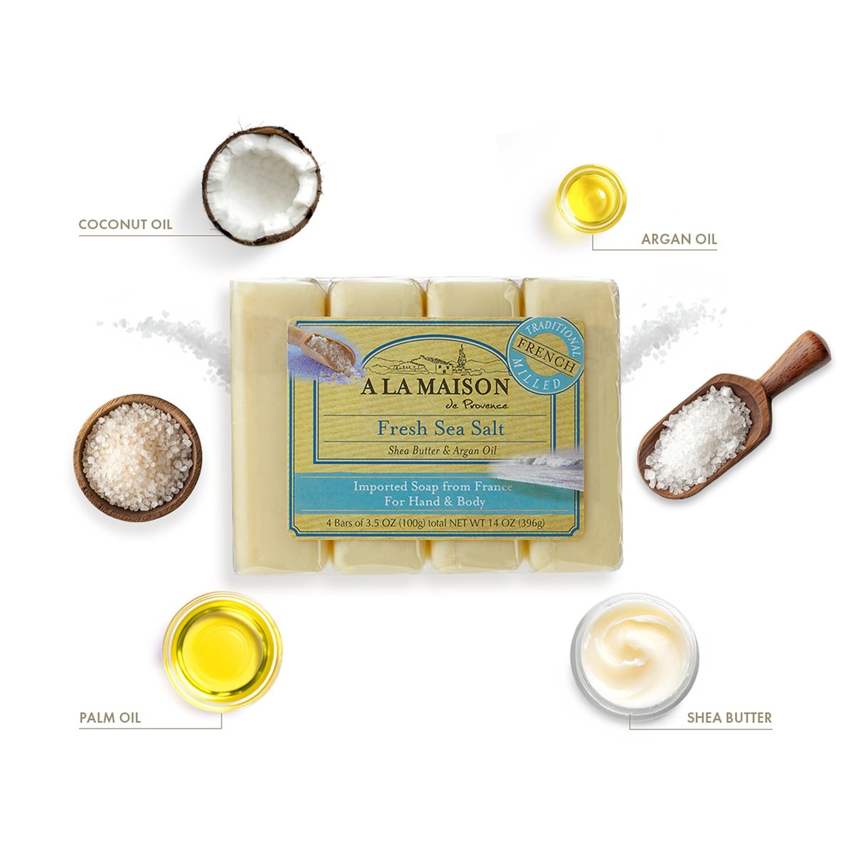 A LA MAISON Fresh Sea Salt Soap 4-Pack, 14 Ounce Total | Natural Exfoliating Soap Bars Avelisse