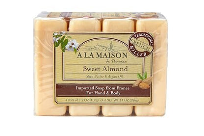 A LA MAISON Sweet Almond Bar Soap - Triple French Milled Natural Moisturizing Hand Soap Bar (4 Bars of Soap, 3.5 oz) Avelisse