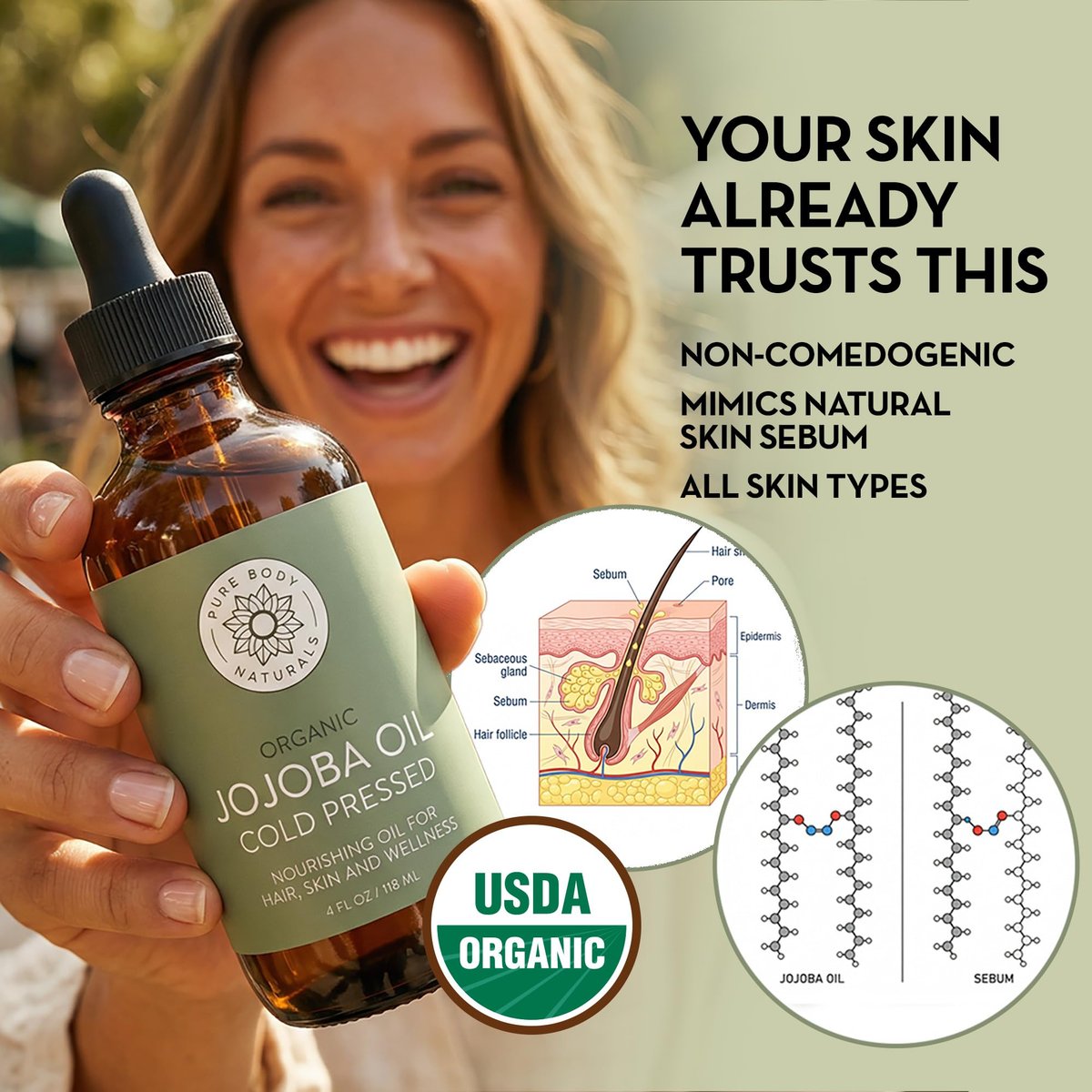 Pure Body Naturals Organic Jojoba Oil - 100% Pure, Cold Pressed, USA-Sourced - 4 Fl Oz for Skin, Face, Nails, Hair & Carrier Oil - görsel 3