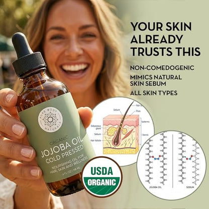 Pure Body Naturals Organic Jojoba Oil - 100% Pure, Cold Pressed, USA-Sourced - 4 Fl Oz for Skin, Face, Nails, Hair & Carrier Oil