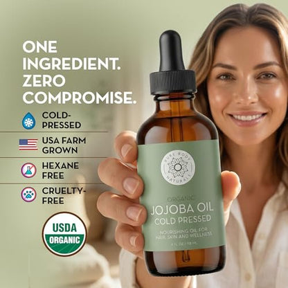 Pure Body Naturals Organic Jojoba Oil - 100% Pure, Cold Pressed, USA-Sourced - 4 Fl Oz for Skin, Face, Nails, Hair & Carrier Oil