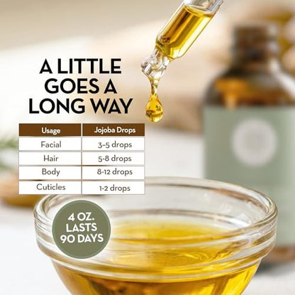Pure Body Naturals Organic Jojoba Oil - 100% Pure, Cold Pressed, USA-Sourced - 4 Fl Oz for Skin, Face, Nails, Hair & Carrier Oil