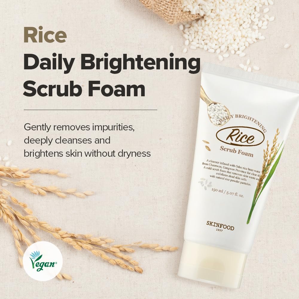 SKINFOOD Rice Daily Scrub Foam - Gentle Exfoliating Facial Cleanser with Fermented White Rice Bran Water for Men and Women, 5.07 fl. oz. Avelisse