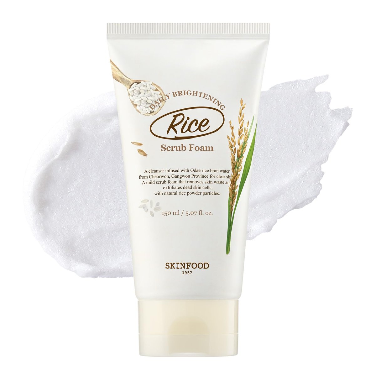 SKINFOOD Rice Daily Scrub Foam - Gentle Exfoliating Facial Cleanser with Fermented White Rice Bran Water for Men and Women, 5.07 fl. oz. Avelisse