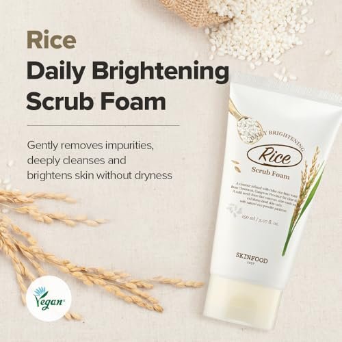 SKINFOOD Rice Daily Scrub Foam - Gentle Exfoliating Facial Cleanser with Fermented White Rice Bran Water for Men and Women, 5.07 fl. oz. Avelisse