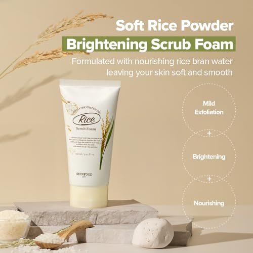 SKINFOOD Rice Daily Scrub Foam - Gentle Exfoliating Facial Cleanser with Fermented White Rice Bran Water for Men and Women, 5.07 fl. oz. Avelisse