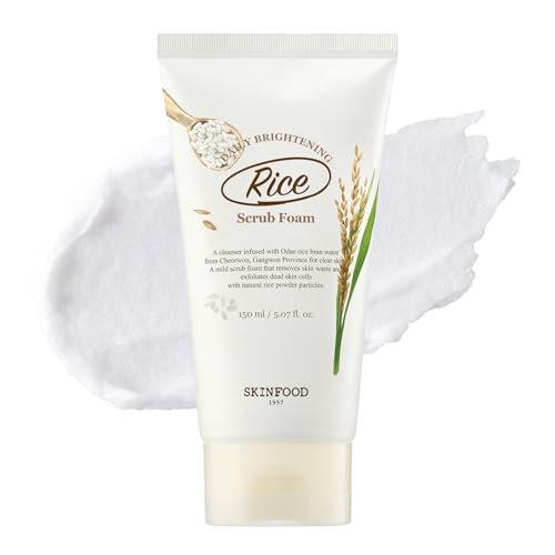 SKINFOOD Rice Daily Scrub Foam - Gentle Exfoliating Facial Cleanser with Fermented White Rice Bran Water for Men and Women, 5.07 fl. oz. Avelisse