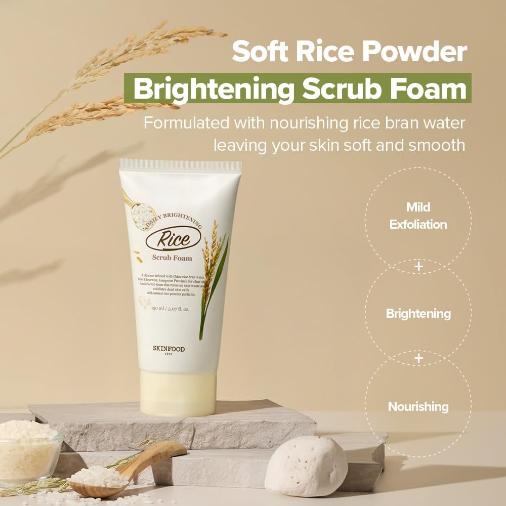 SKINFOOD Rice Daily Scrub Foam - Gentle Exfoliating Facial Cleanser with Fermented White Rice Bran Water for Men and Women, 5.07 fl. oz. Avelisse