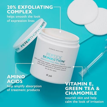 Peter Thomas Roth Peptide Skinjection Exfoliating Peel Pads - Smooth Expression Lines & Wrinkles, Fragrance-Free, Alcohol-Free, 60 Count Avelisse