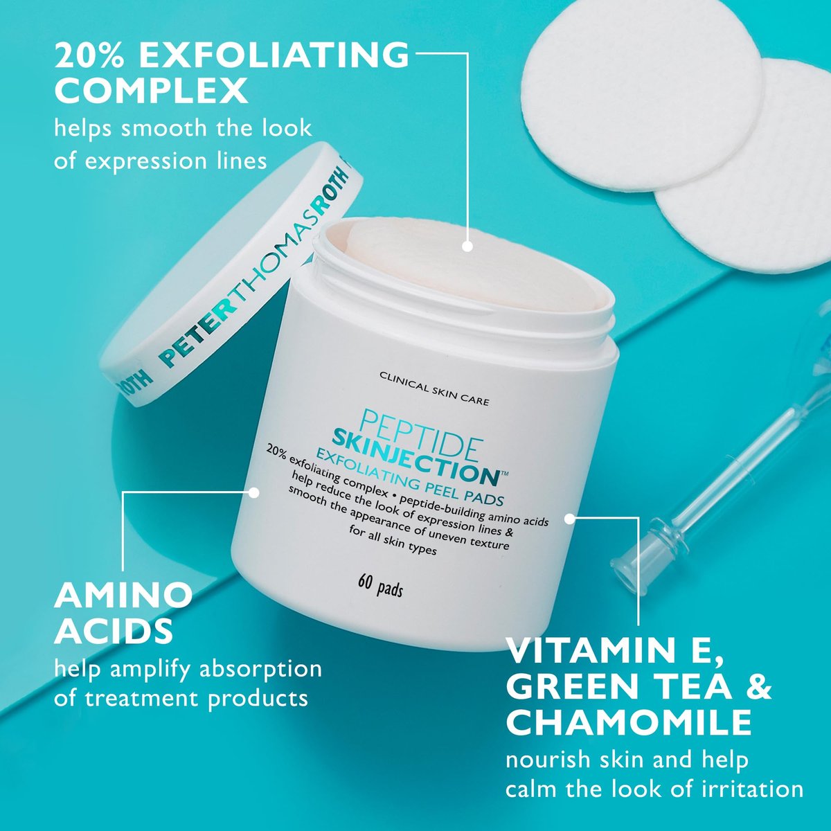Peter Thomas Roth Peptide Skinjection Exfoliating Peel Pads - Smooth Expression Lines & Wrinkles, Fragrance-Free, Alcohol-Free, 60 Count Avelisse