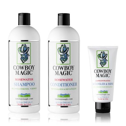 Cowboy Magic Shampoo, Conditioner & Detangler Set - 32 oz Each + 4 oz Shine - 3-Pack for Horses Avelisse