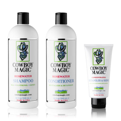 Cowboy Magic Shampoo, Conditioner & Detangler Set - 32 oz Each + 4 oz Shine - 3-Pack for Horses Avelisse