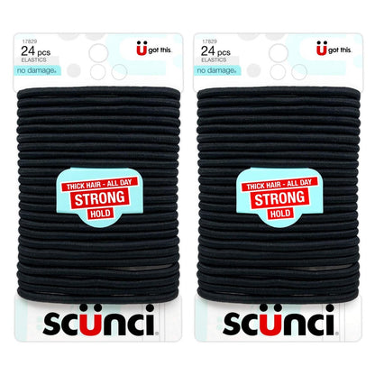 Scunci Thick Hair Black Elastics – All Day Strong Hold No-Damage, 5mm Thickness, 24-Pieces per Pack (2-Pack)