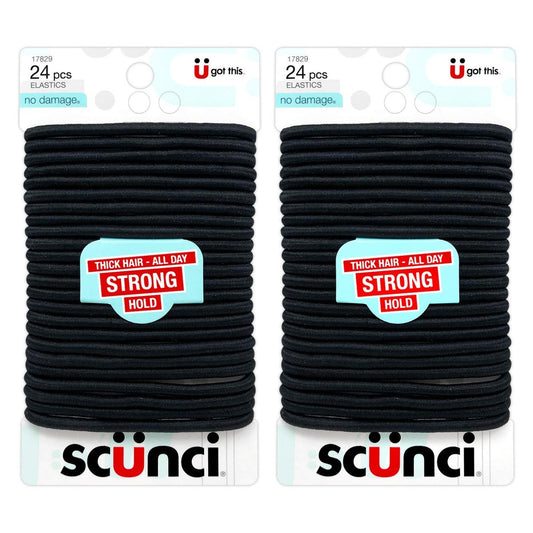 Scunci Thick Hair Black Elastics – All Day Strong Hold No-Damage, 5mm Thickness, 24-Pieces per Pack (2-Pack)