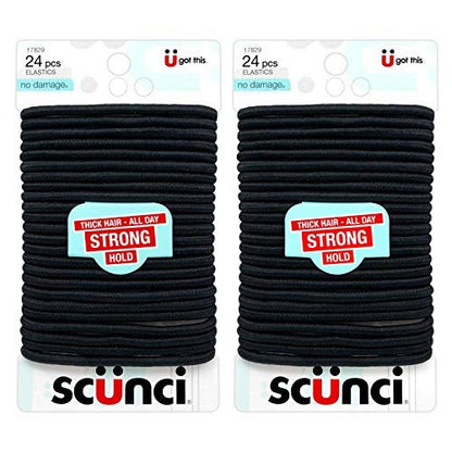 Scunci Thick Hair Black Elastics – All Day Strong Hold No-Damage, 5mm Thickness, 24-Pieces per Pack (2-Pack)