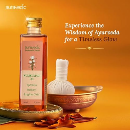 Auravedic Kumkumadi Oil for Face with Saffron | Ayurvedic Glow Oil for Dark Spots, Dull & Uneven Skin | Lightweight Hydrating Night Face Oil | 3.38 Fl Oz (100ml)