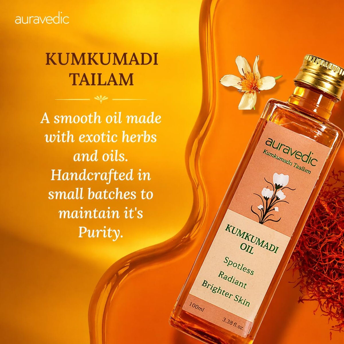 Auravedic Kumkumadi Oil Pure Saffron for Ultra Radiant Skin | Ayurvedic Face Oil for Dull, Dehydrated & Tired Skin | Lightweight Hydrating Formula for Smooth Texture | 3.38 Fl Oz - görsel 5
