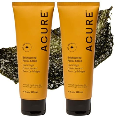 Acure Brightening Facial Scrub - Exfoliating Face Wash with Sea Kelp & French Green Clay, Gentle Daily Scrubber for Radiant Skin, 4 fl oz (Pack of 2)