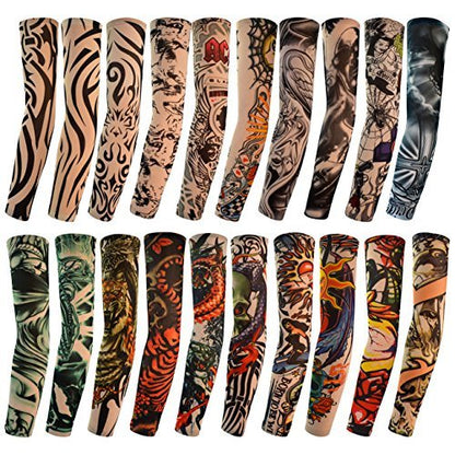 20pcs Temporary Tattoo Arm Sleeves - Tribal, Tiger, Dragon, Skull Designs - Nylon Unisex Stretchable Cosplay Accessories