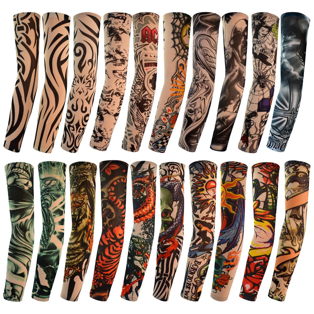20pcs Temporary Tattoo Arm Sleeves - Tribal, Tiger, Dragon, Skull Designs - Nylon Unisex Stretchable Cosplay Accessories - görsel 1