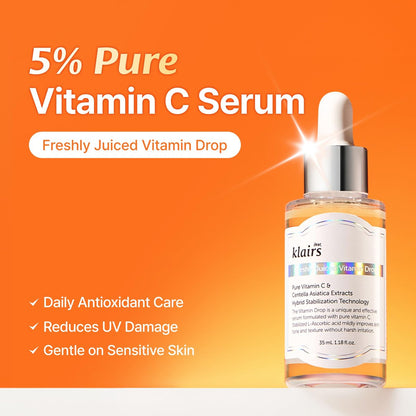 DearKlairs Vitamin C Serum, Gentle 5% Pure Vitamin C & EGF Peptides, for Uneven Skin Tone, Brightening, Dark Spot Care, Sensitive Skin, Non-Irritating, Korean Skincare 1.18 Fl Oz