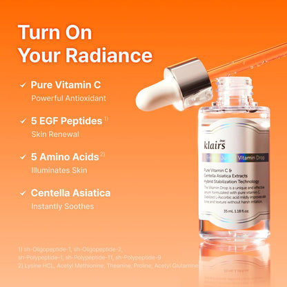 DearKlairs Vitamin C Serum, Gentle 5% Pure Vitamin C & EGF Peptides, for Uneven Skin Tone, Brightening, Dark Spot Care, Sensitive Skin, Non-Irritating, Korean Skincare 1.18 Fl Oz