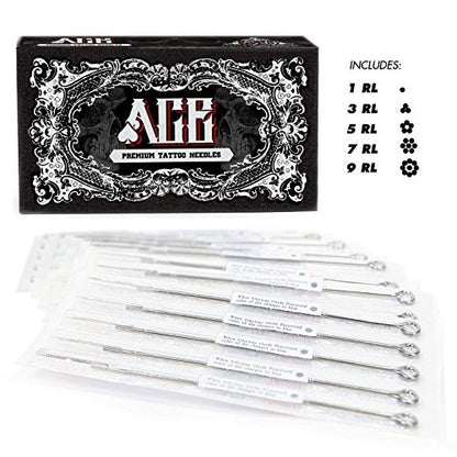 ACE Needles Tattoo Needles Kit - 50 Mixed Assorted Sterile Tattoo Needles, 6 Sizes (Round Liner 1, 3, 5, 7, 9, 11 RL)