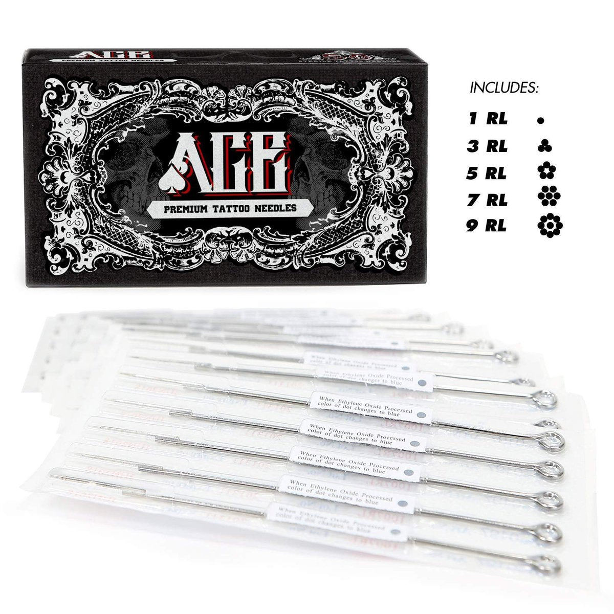 ACE Needles Tattoo Needles Kit - 50 Mixed Assorted Sterile Tattoo Needles, 6 Sizes (Round Liner 1, 3, 5, 7, 9, 11 RL) - görsel 3