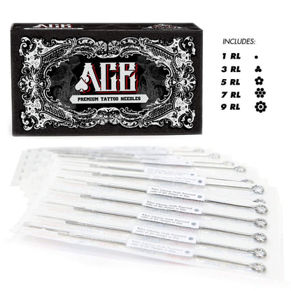 ACE Needles Tattoo Needles Kit - 50 Mixed Assorted Sterile Tattoo Needles, 6 Sizes (Round Liner 1, 3, 5, 7, 9, 11 RL)