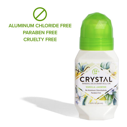 Crystal Essence Mineral Roll-On Deodorant, Vanilla Jasmine, 2.25 fl oz (Pack of 3) - Aluminum-Free, Natural Deodorant for Women and Men