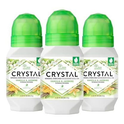 Crystal Essence Mineral Roll-On Deodorant, Vanilla Jasmine, 2.25 fl oz (Pack of 3) - Aluminum-Free, Natural Deodorant for Women and Men