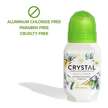 Crystal Essence Mineral Roll-On Deodorant, Vanilla Jasmine, 2.25 fl oz (Pack of 3) - Aluminum-Free, Natural Deodorant for Women and Men