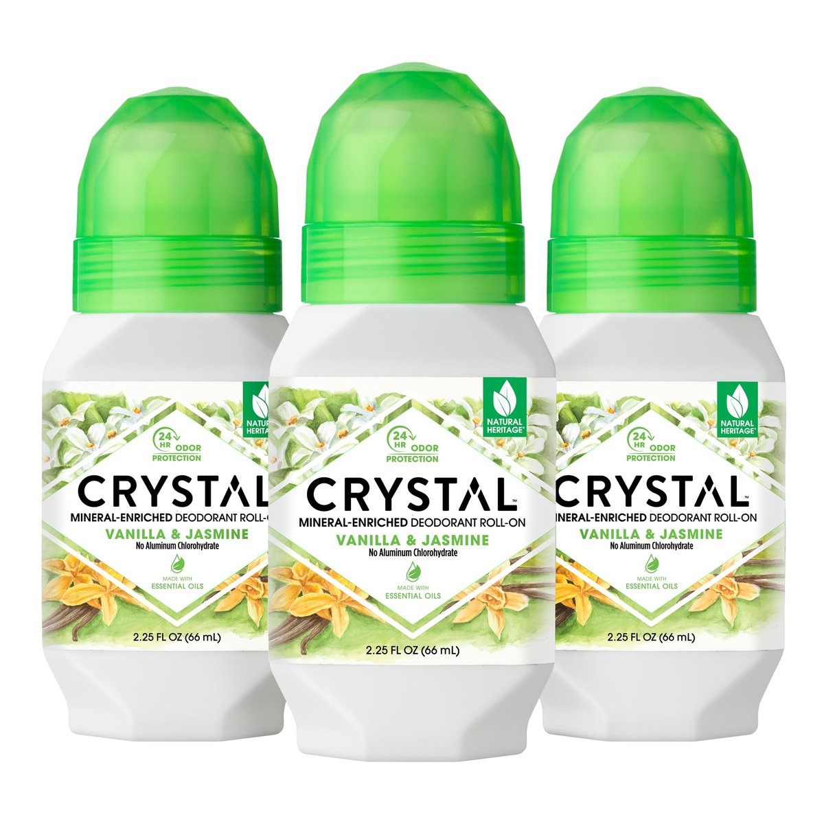 Crystal Essence Mineral Roll-On Deodorant, Vanilla Jasmine, 2.25 fl oz (Pack of 3) - Aluminum-Free, Natural Deodorant for Women and Men - görsel 1
