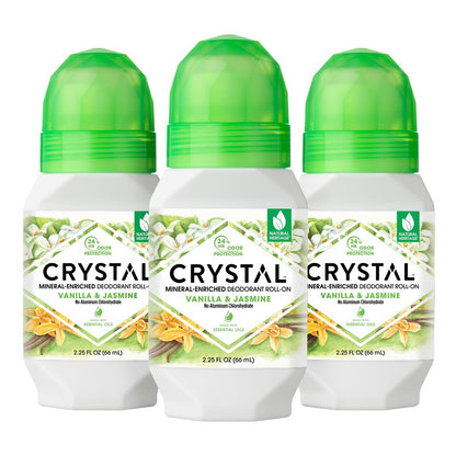 Crystal Essence Mineral Roll-On Deodorant, Vanilla Jasmine, 2.25 fl oz (Pack of 3) - Aluminum-Free, Natural Deodorant for Women and Men